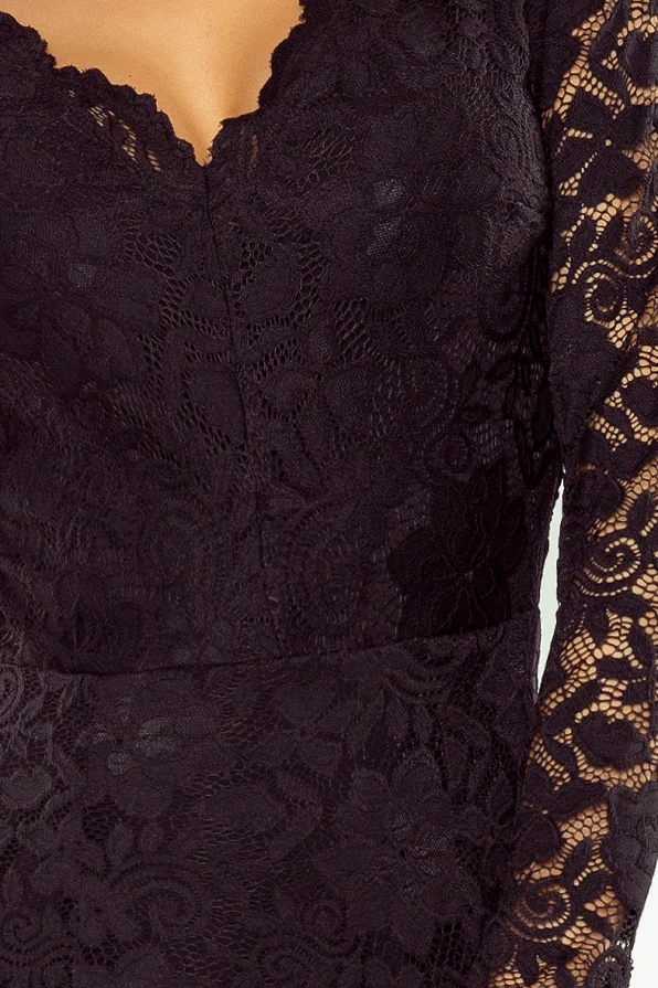 170-1 Дантелена рокля с дълъг ръкав и ДЕКОЛТЕ - ЧЕРНА