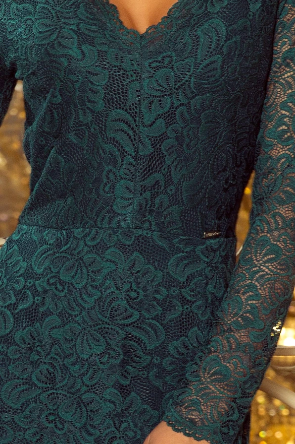 170-3 Дантелена рокля с дълъг ръкав и ДЕКОЛТЕ - ЗЕЛЕНА