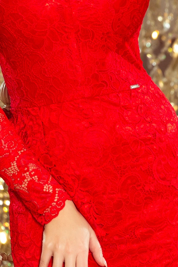 170-6 Дантелена рокля с дълъг ръкав и ДЕКОЛТЕ - ЧЕРВЕНА