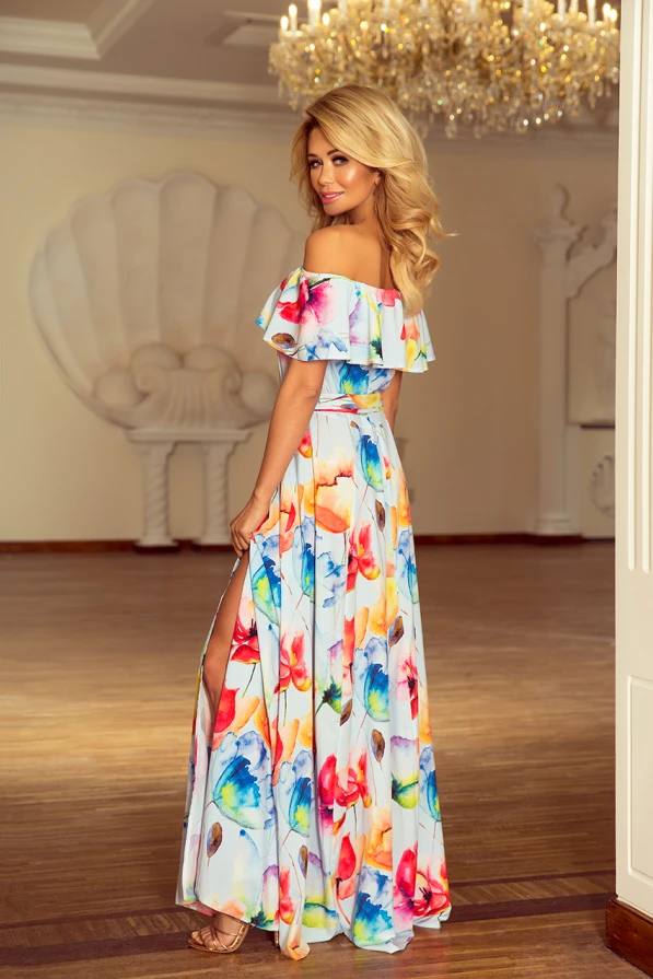 194-1 Дълга рокля с испанско деколте - цветни рисувани цветя