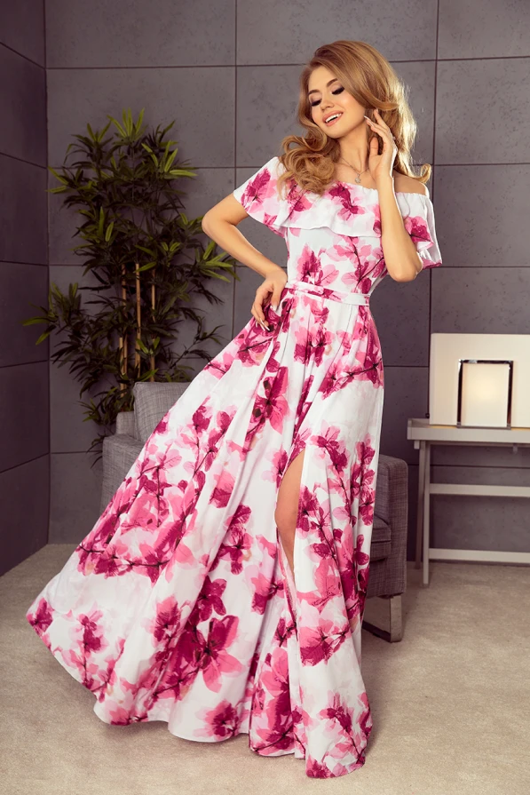 194-2 Дълга рокля с испанско деколте - големи розови цветя