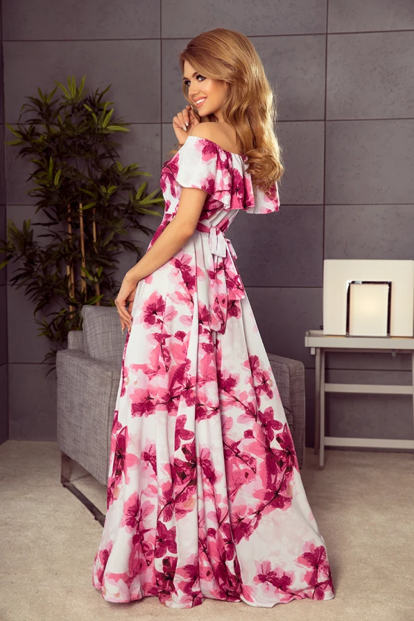 194-2 Дълга рокля с испанско деколте - големи розови цветя