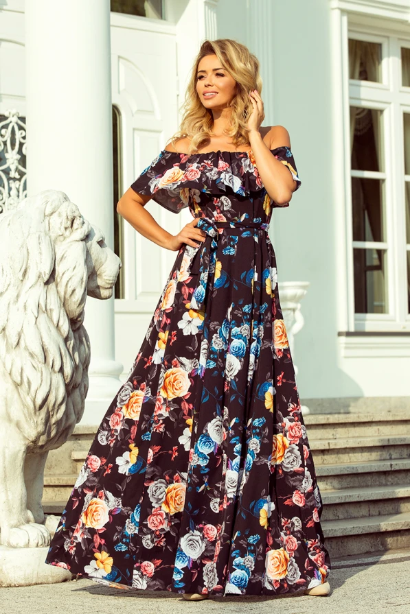 194-3 Дълга рокля с испанско деколте - черна в цветни цветя