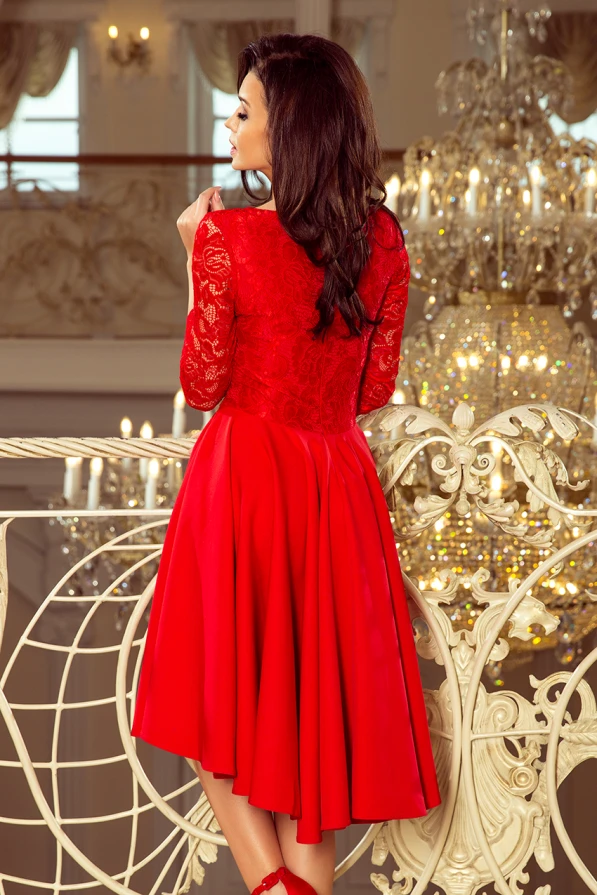 210-6 NICOLLE - рокля с по-дълга задна част и дантелено деколте - ЧЕРВЕНА