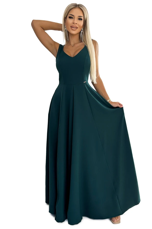 246-5 CINDY дълга елегантна рокля с деколте - ЗЕЛЕНА