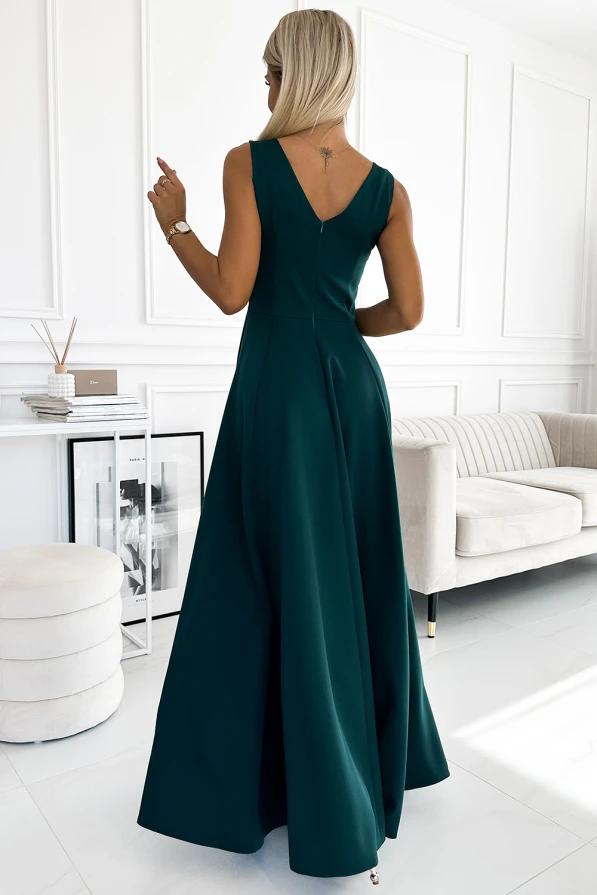 246-5 CINDY дълга елегантна рокля с деколте - ЗЕЛЕНА