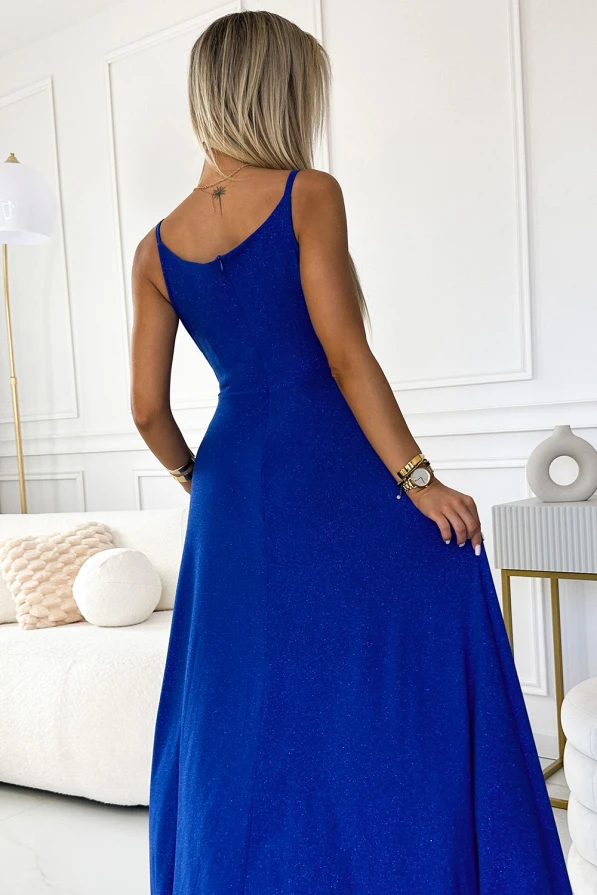 299-17 CHIARA елегантна макси дълга рокля на презрамки - синьо с блясък
