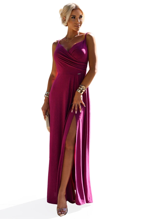 299-19 CHIARA елегантна дълга макси рокля с презрамки - фуксия с блясък