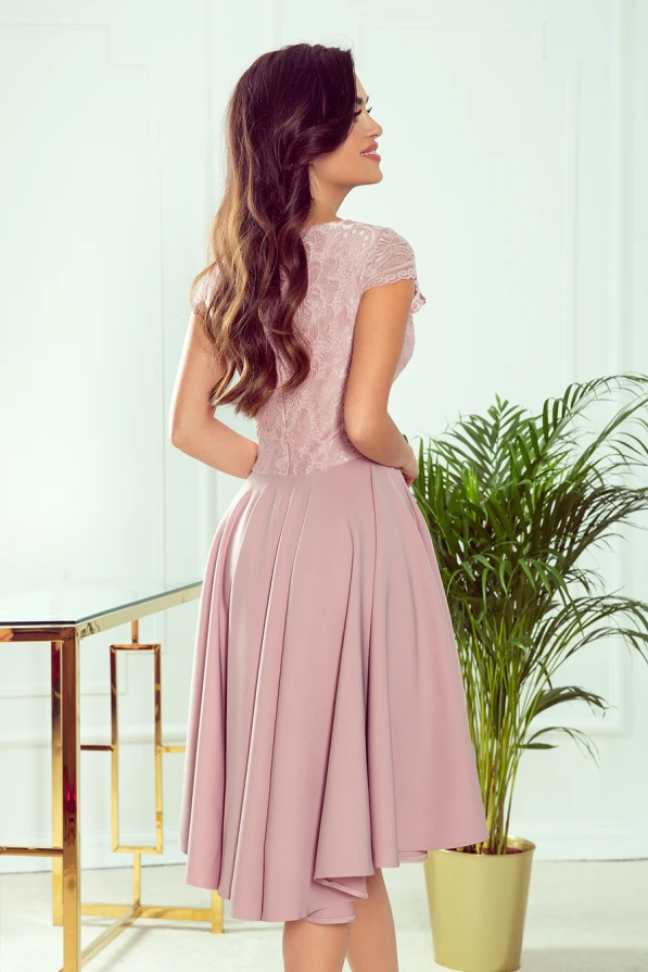 300-1 PATRICIA - рокля с по-дълга задна част и дантелено деколте - ПРАШНО РОЗОВА
