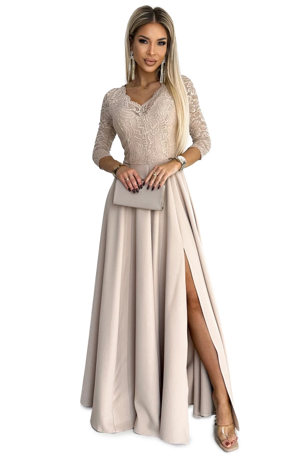 309-10 AMBER елегантна дълга дантелена рокля с деколте и цепка на крака - БЕЖОВА