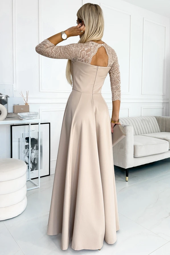 309-10 AMBER елегантна дълга дантелена рокля с деколте и цепка на крака - БЕЖОВА