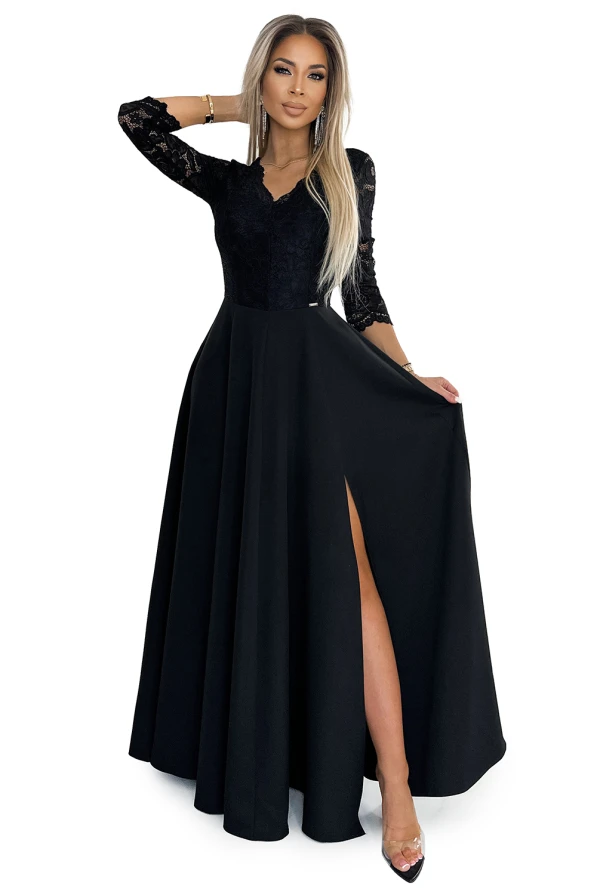 309-11 AMBER дантелена, елегантна дълга рокля с деколте и цепка на крака - черна