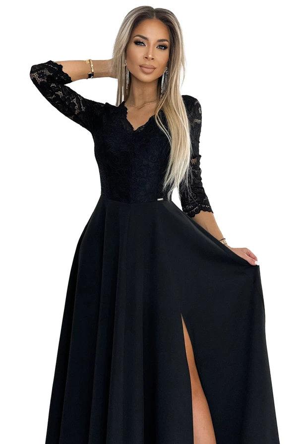 309-11 AMBER дантелена, елегантна дълга рокля с деколте и цепка на крака - черна