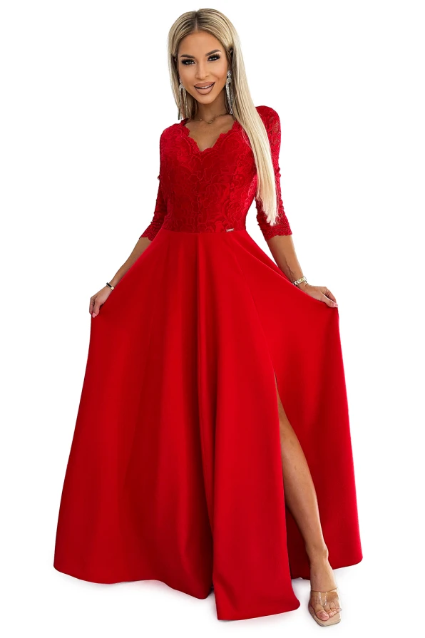 309-8 AMBER елегантна дълга дантелена рокля с деколте и цепка на крака - ЧЕРВЕНА