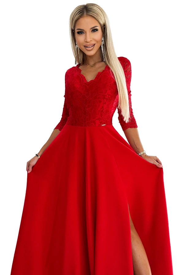 309-8 AMBER елегантна дълга дантелена рокля с деколте и цепка на крака - ЧЕРВЕНА