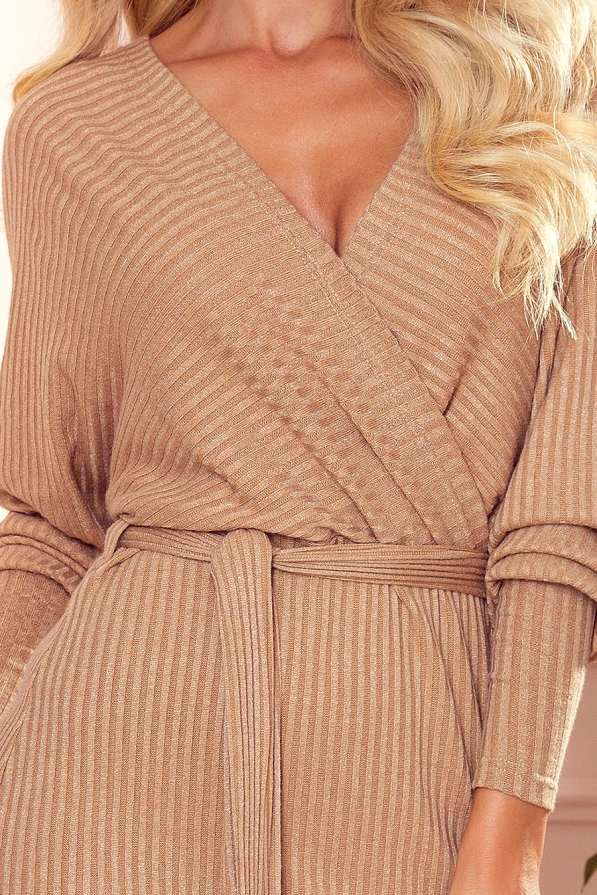 356-1 Плисиран пуловер-рокля с връзки - БЕЖОВИ ИВИЦИ