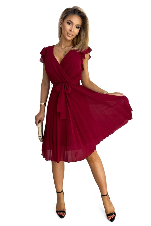 374-2 POLINA Плисирана рокля с деколте и волани - БОРДО