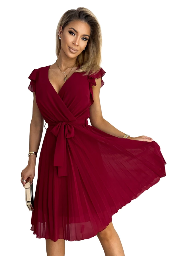 374-2 POLINA Плисирана рокля с деколте и волани - БОРДО