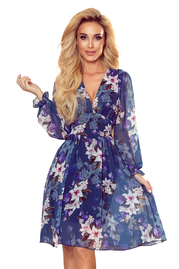 388-1 FRANCES - шифонова рокля с деколте - тъмносиня в цветя