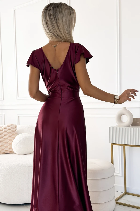 CRYSTAL сатенена дълга рокля с деколте - Цвят бордо
