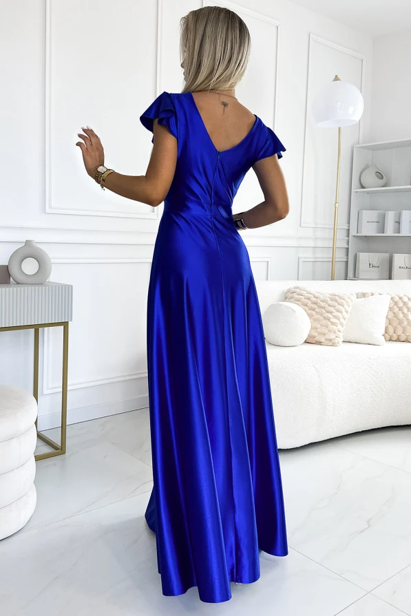 411-11 CRYSTAL сатенена дълга рокля с деколте - синьо