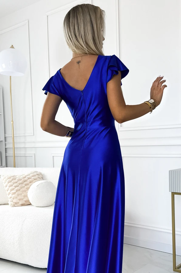 411-11 CRYSTAL сатенена дълга рокля с деколте - синьо