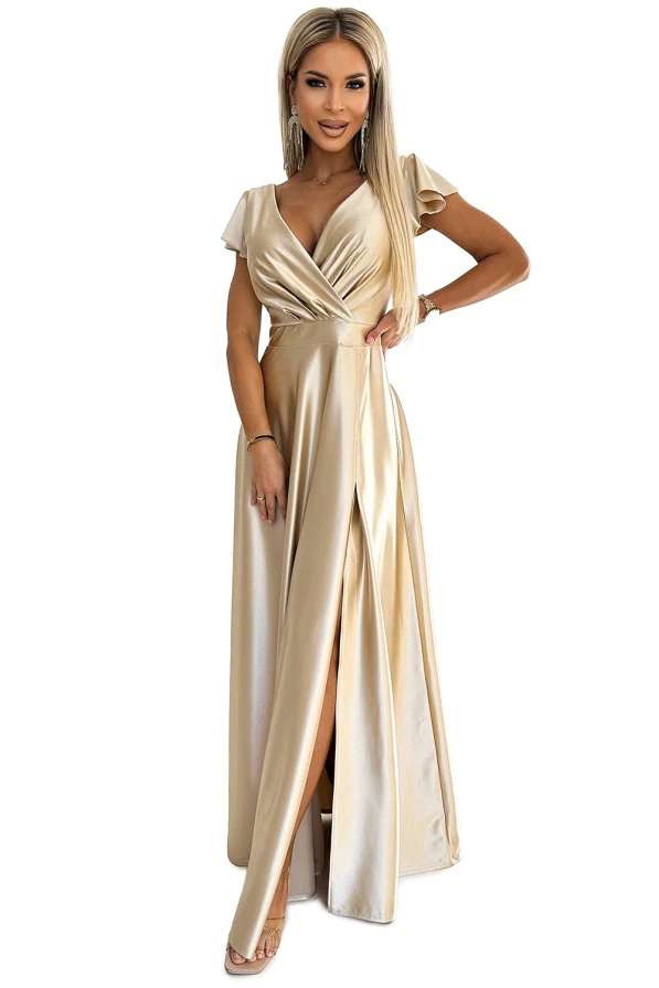 411-7 CRYSTAL сатенена дълга рокля с деколте - ЗЛАТИСТА