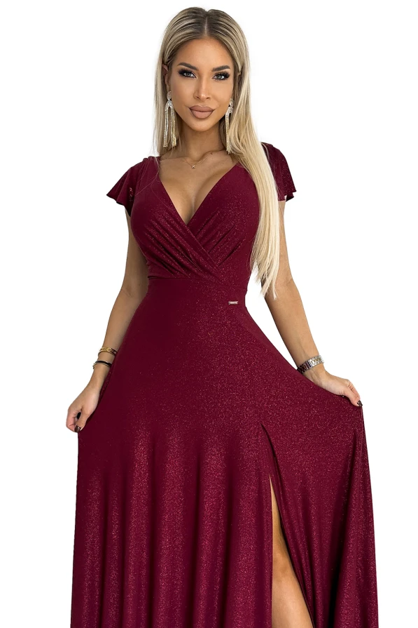 411-8 CRYSTAL блестяща дълга рокля с деколте - БОРДО
