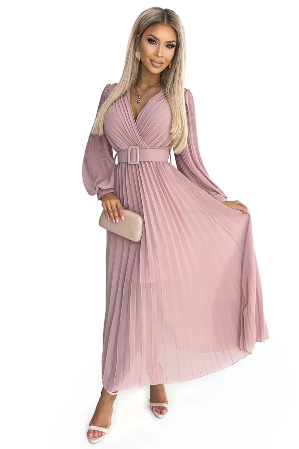 414-2 KLARA плисирана рокля с колан и деколте - ПРАХОВО РОЗОВО