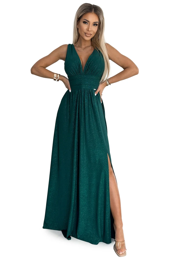 490-3 SUSAN Дълга брокатена рокля с деколте и шевове на талията - зелена