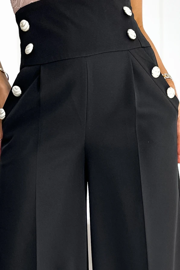 496-1 Елегантни широки панталони с висока талия и златни копчета - ЧЕРНИ