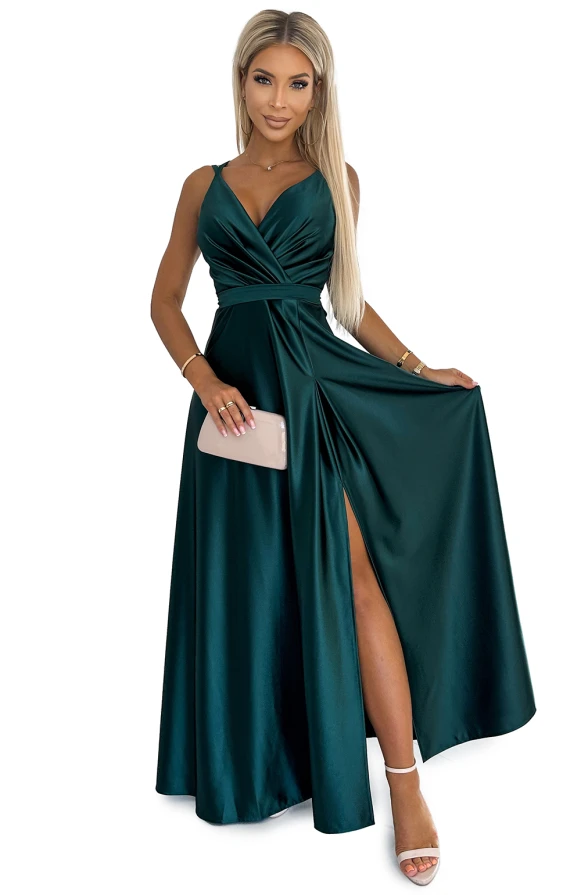 498-3 Дълга сатенена рокля с деколте и двойни презрамки - ЗЕЛЕНА