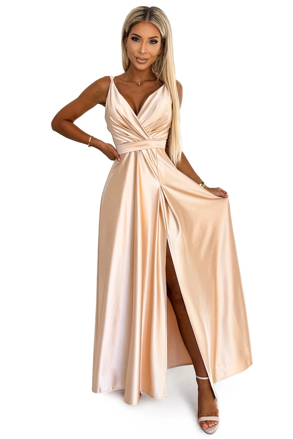 498-5 Дълга сатенена рокля с деколте и двойни презрамки - ЗЛАТИСТА