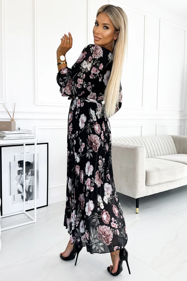 502-1 Плисирана миди рокля с деколте, дълъг ръкав и връзка на талията - ЧЕРНА в розови цветя