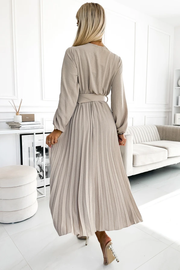 504-2 VIVIANA Плисирана миди рокля с деколте, дълъг ръкав и широк колан - БЕЖОВА