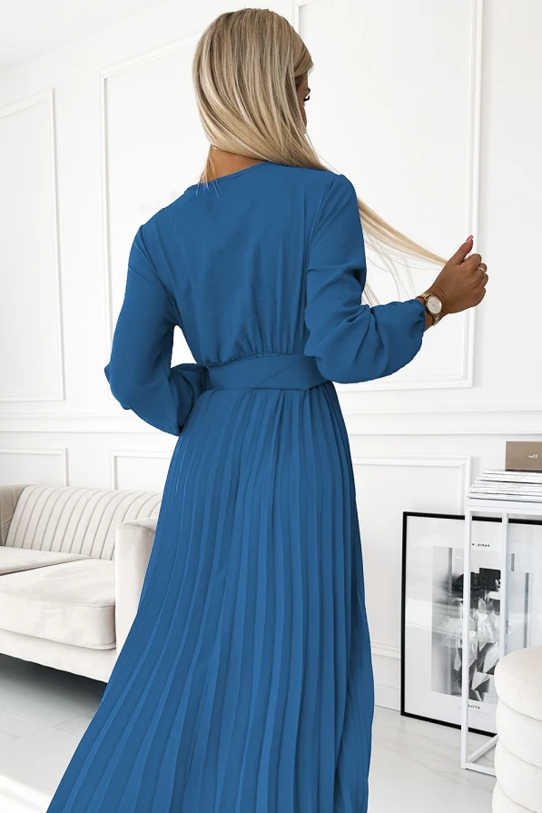 504-5 VIVIANA Плисирана миди рокля с деколте, дълъг ръкав и широк колан - цвят ДЖИНС