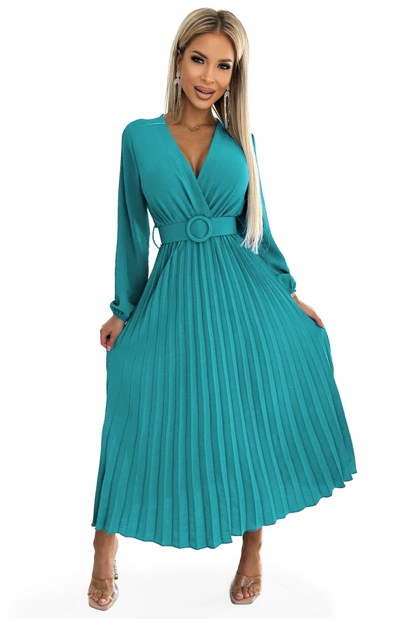 504-6 VIVIANA Плисирана миди рокля с деколте, дълъг ръкав и широк колан - морски цвят