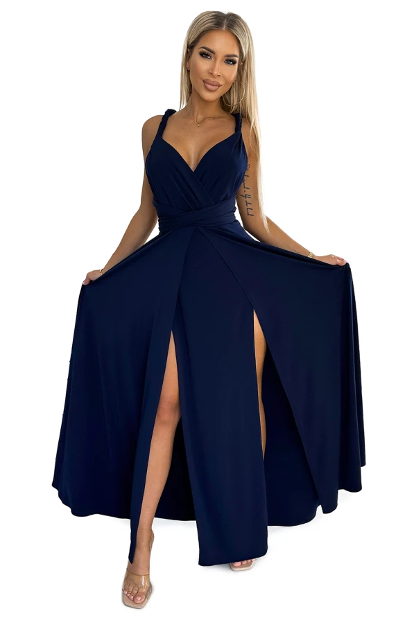 509-1 Елегантна дълга рокля, която може да се връзва по много начини - В ТЪМНОСИНЬО