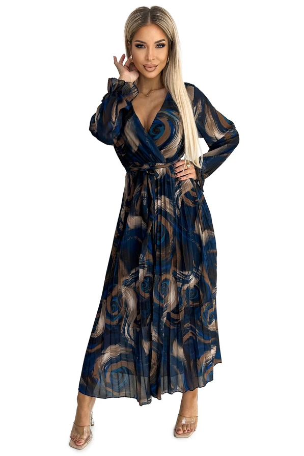 519-1 Плисирана шифонова дълга рокля с деколте, дълъг ръкав и колан - СИНЬО-БЕЖОВИ ВЪЛНИ