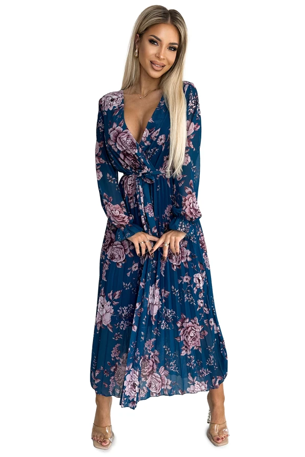 519-3 Плисирана шифонова дълга рокля с деколте, дълъг ръкав и колан - СИНЯ в цветя