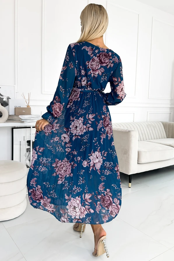 519-3 Плисирана шифонова дълга рокля с деколте, дълъг ръкав и колан - СИНЯ в цветя