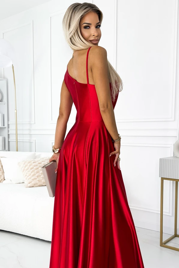 524-1 Дълга елегантна сатенена рокля на едно рамо - ЧЕРВЕНА