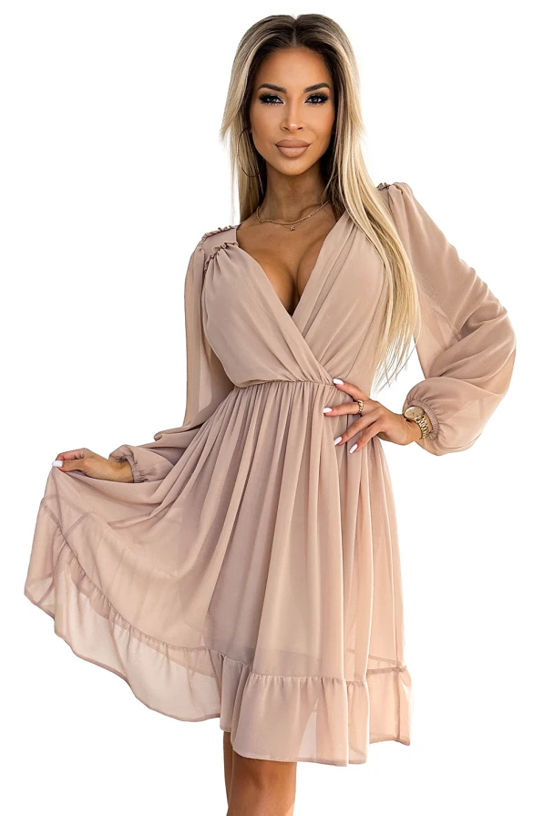 538-1 MILA Шифонена миди рокля с дълъг ръкав и деколте - бежов цвят