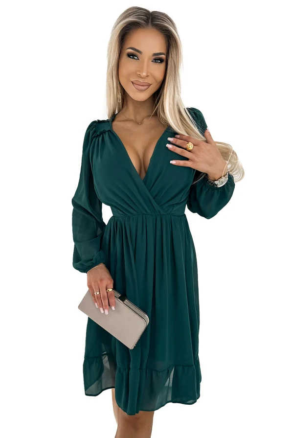 MILA Шифонена миди рокля с дълъг ръкав и деколте - зелена
