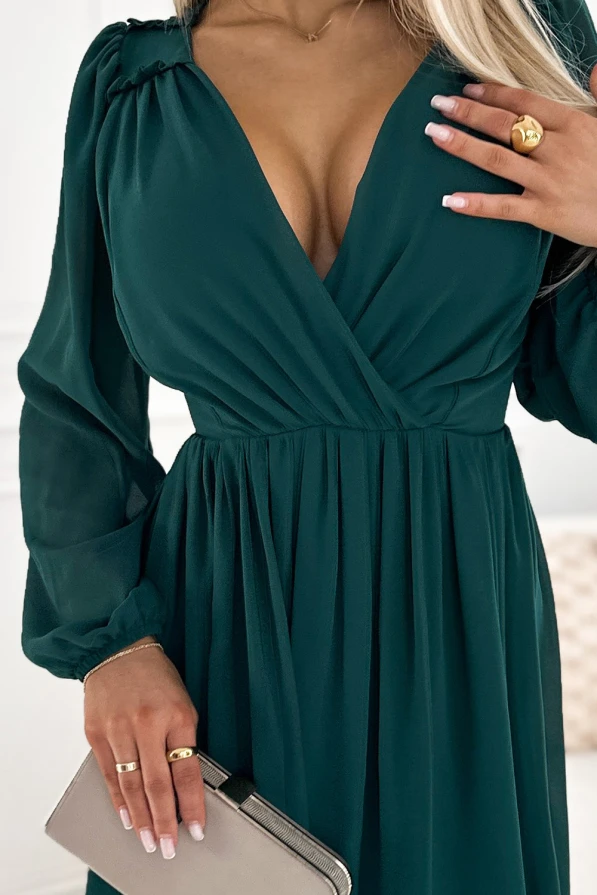 MILA Шифонена миди рокля с дълъг ръкав и деколте - зелена