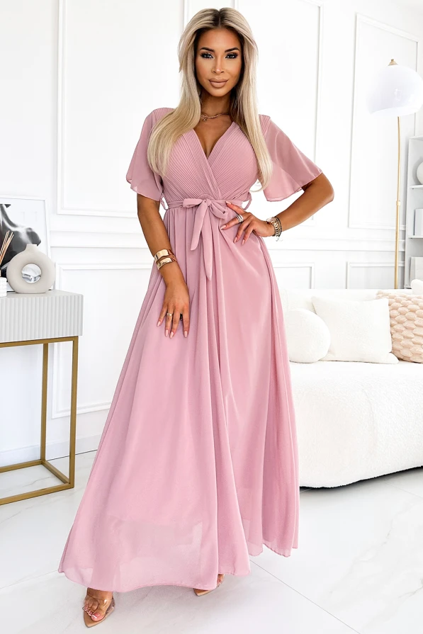 545-1 Дълга рокля с плисирано деколте и връзки - пудрово розово